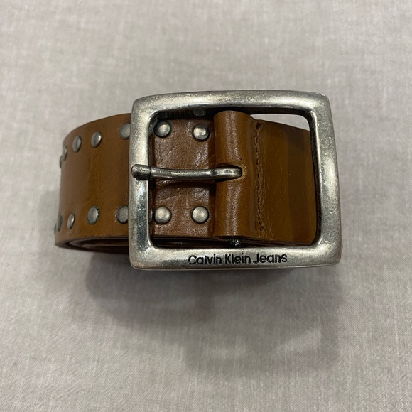 Calvin Klein Studded Genuine Leather Belt Square Buckle Bohemian Size S Brown - Picture 3 of 8